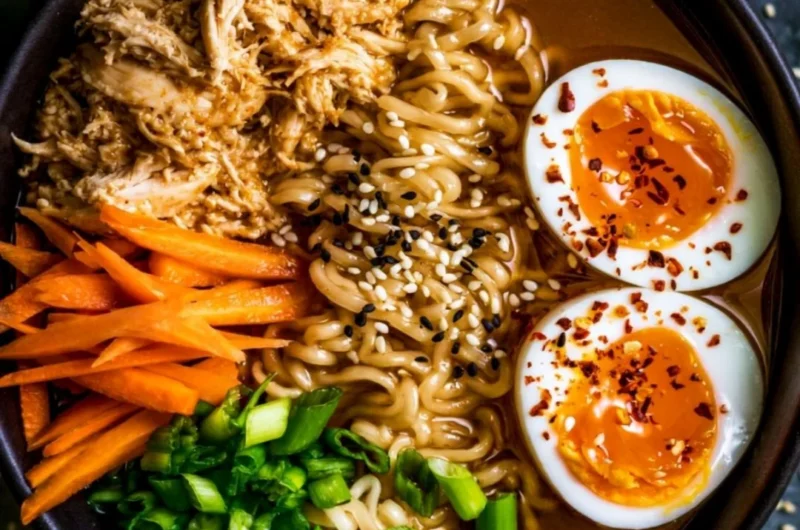 Bowl of 20-minute chicken ramen with noodles, chicken, and green onions