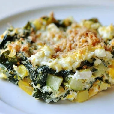 Baked zucchini casserole with spinach and feta on a plate