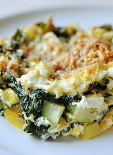 Baked zucchini casserole with spinach and feta on a plate