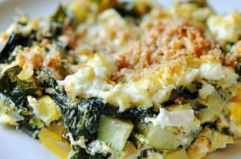 Baked zucchini casserole with spinach and feta on a plate