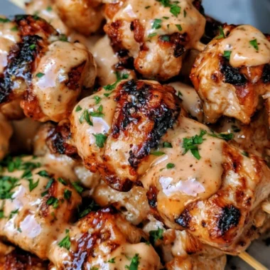 Delicious Bang Bang Chicken Skewers served on a platter.