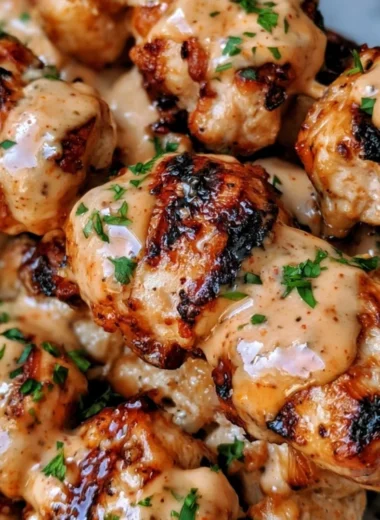Delicious Bang Bang Chicken Skewers served on a platter.