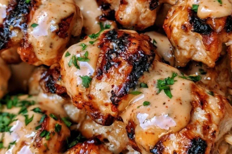 Delicious Bang Bang Chicken Skewers served on a platter.