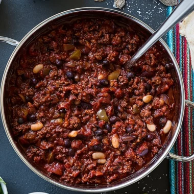 Bowl of Bourbon-Spiked Kentucky Chili topped with fresh herbs and spices