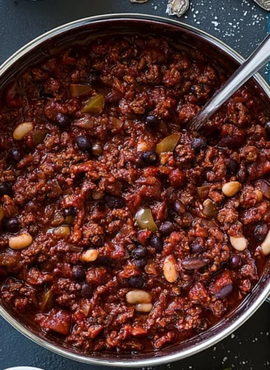 Bowl of Bourbon-Spiked Kentucky Chili topped with fresh herbs and spices