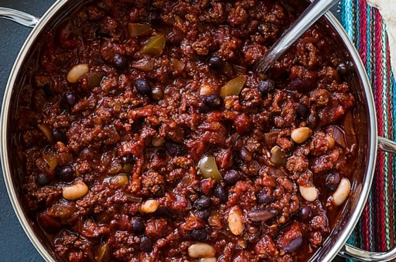 Bowl of Bourbon-Spiked Kentucky Chili topped with fresh herbs and spices
