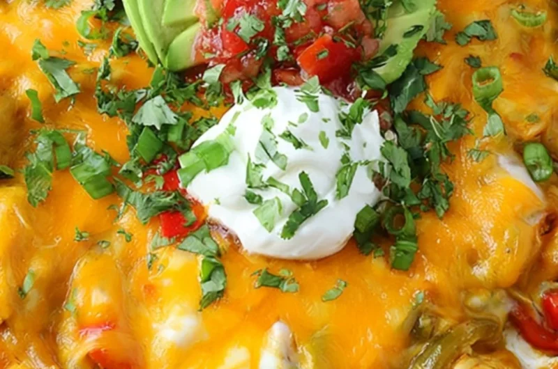 Cheesy chicken fajitas casserole topped with melted cheese and colorful peppers.