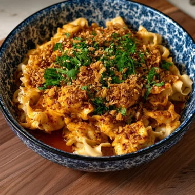 Bowl of spicy Chili Oil Curry Noodles topped with fresh herbs and vegetables