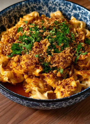 Bowl of spicy Chili Oil Curry Noodles topped with fresh herbs and vegetables