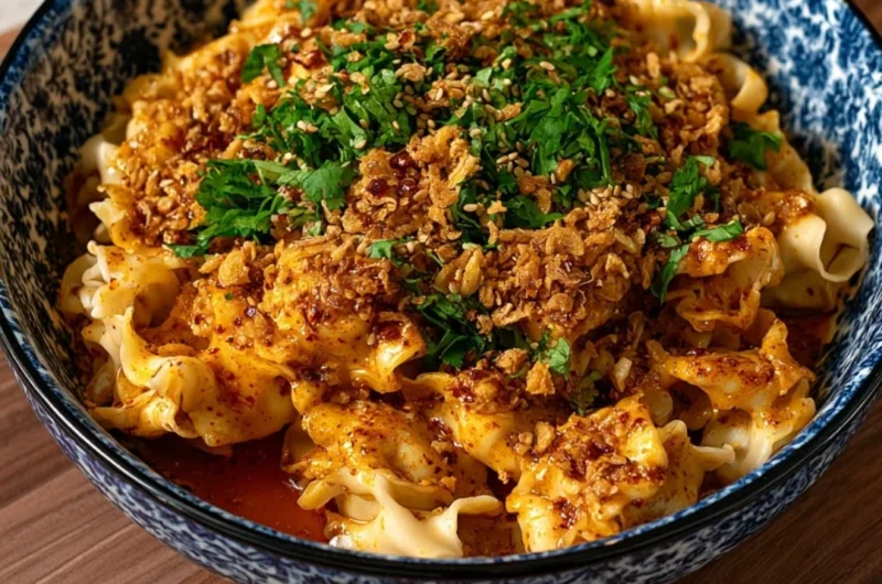 Bowl of spicy Chili Oil Curry Noodles topped with fresh herbs and vegetables