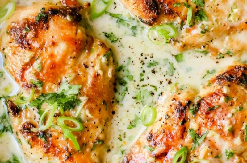 Delicious Coconut Lime Chicken garnished with lime slices and fresh herbs