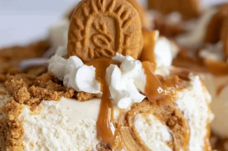 Delicious Cookie Butter No Bake Cheesecake topped with whipped cream and cookie crumbles