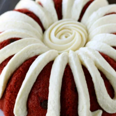 Deliciously moist Nothing Bundt Red Velvet Cake with cream cheese frosting
