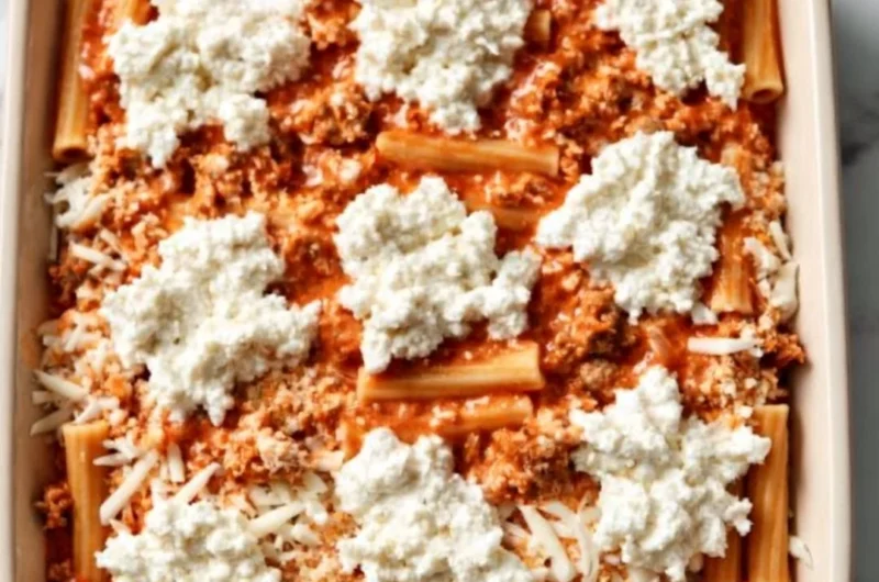 Delicious and hearty cozy baked ziti with cheese and marinara sauce