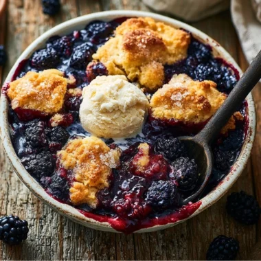 Delicious cozy blackberry cobbler topped with golden crust