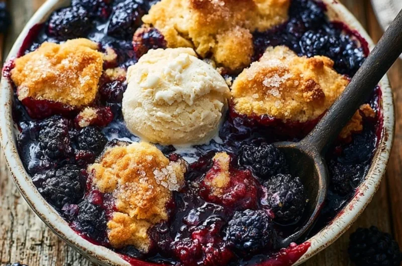 Delicious cozy blackberry cobbler topped with golden crust