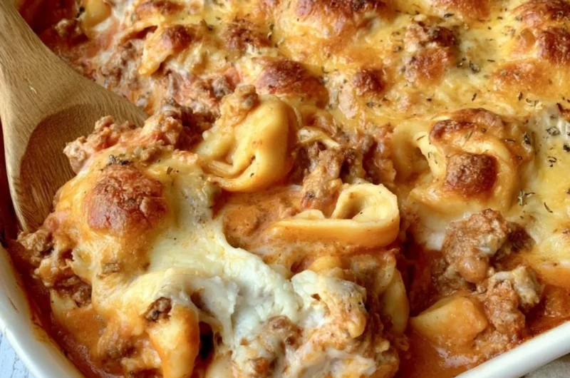 Cozy cheesy baked tortellini casserole served in a rustic dish