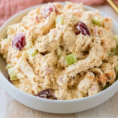 Creamy cozy cottage cheese chicken salad in a bowl with fresh vegetables