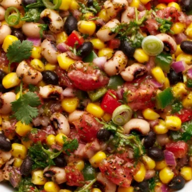 A bowl of cozy cowboy caviar filled with colorful beans and vegetables