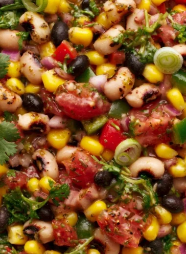 A bowl of cozy cowboy caviar filled with colorful beans and vegetables