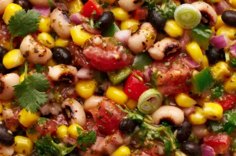 A bowl of cozy cowboy caviar filled with colorful beans and vegetables