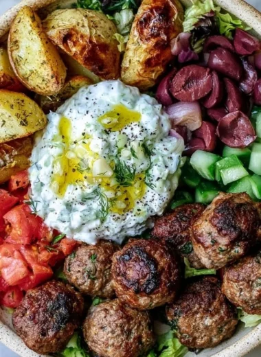 Cozy Greek Meatball Bowl with fresh ingredients and vibrant flavors