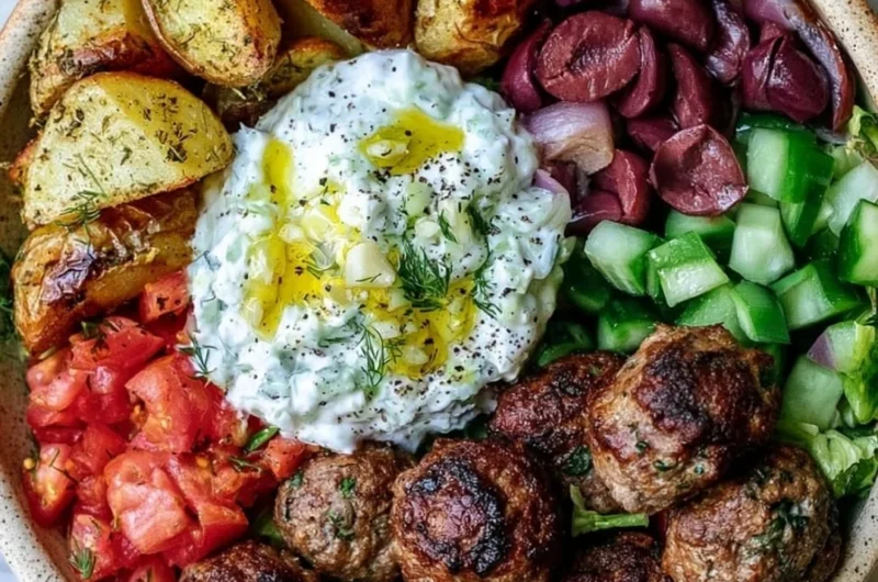 Cozy Greek Meatball Bowl with fresh ingredients and vibrant flavors