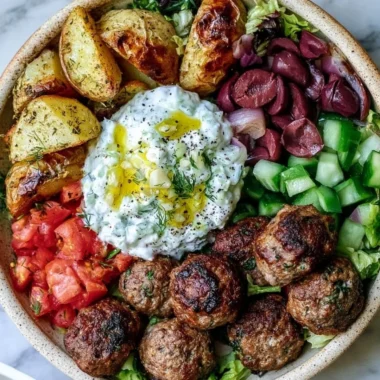 A cozy Greek Meatball Bowl featuring meatballs, herbs, and fresh vegetables.