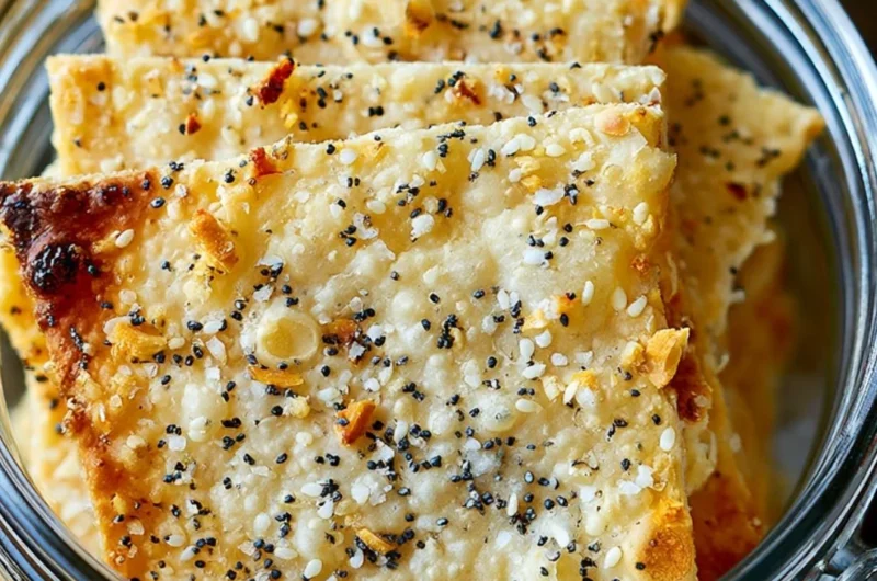 Homemade sourdough crackers arranged on a wooden cutting board.
