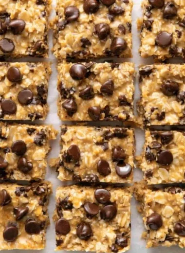 No-bake peanut butter oatmeal bars displayed on a rustic table