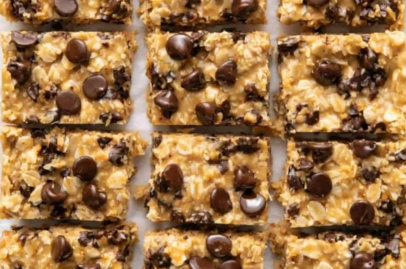 No-bake peanut butter oatmeal bars displayed on a rustic table