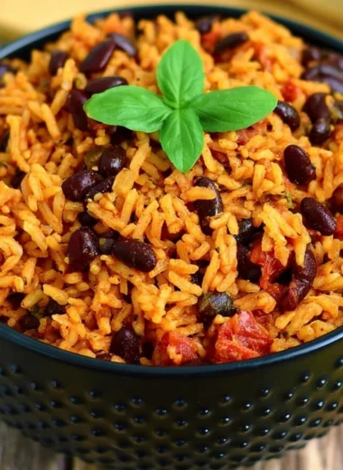 Delicious cozy one-pot Mexican rice meal, featuring vibrant ingredients and spices.