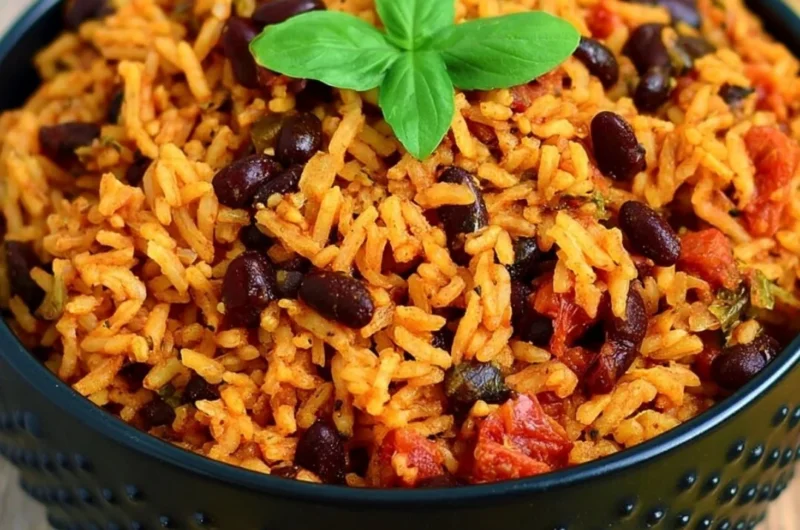 Delicious cozy one-pot Mexican rice meal, featuring vibrant ingredients and spices.
