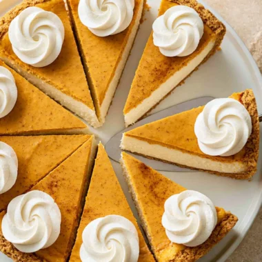 Cozy pumpkin pie cheesecake topped with whipped cream and spices, perfect for autumn.