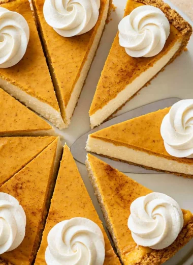 Cozy pumpkin pie cheesecake topped with whipped cream and spices, perfect for autumn.