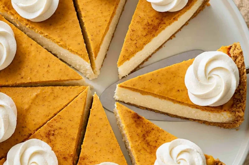 Cozy pumpkin pie cheesecake topped with whipped cream and spices, perfect for autumn.