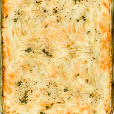Delicious homemade cozy Shepherd's Pie served in a rustic dish