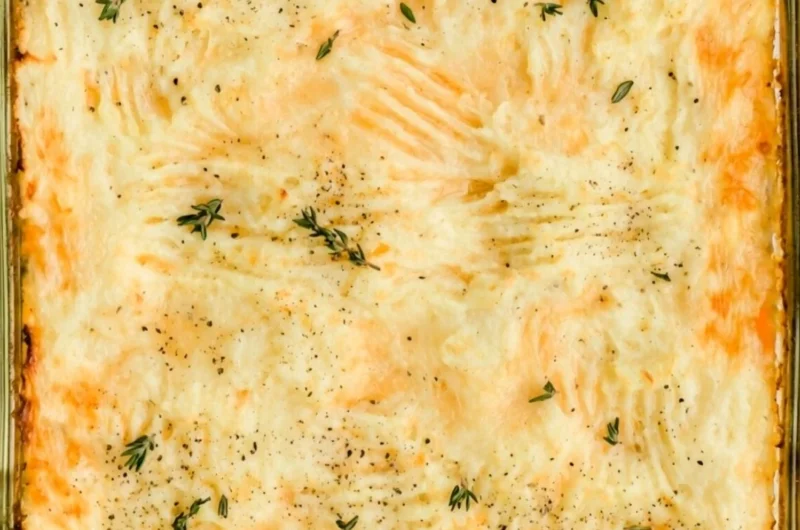 Delicious homemade cozy Shepherd's Pie served in a rustic dish