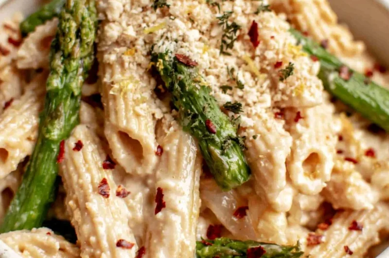Creamy dairy-free lemon white bean pasta garnished with herbs and lemon zest.
