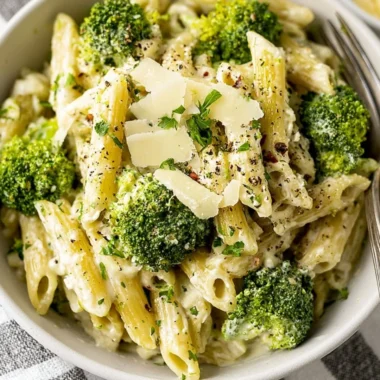 Creamy garlic pasta with broccoli served in a bowl