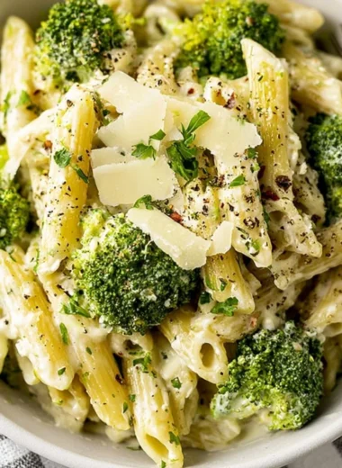 Creamy garlic pasta with broccoli served in a bowl