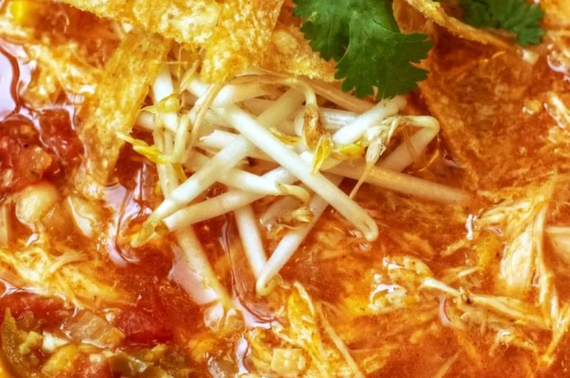 Delicious bowl of Crock Pot Chicken Tortilla Soup garnished with tortilla strips and cilantro.