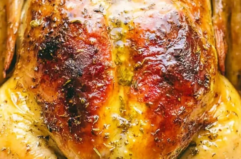 Deliciously cooked whole chicken in a Dutch oven, perfect for family meals.