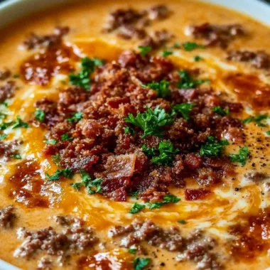Bowl of easy carnivore diet bacon cheeseburger soup topped with cheese and bacon
