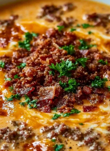 Bowl of easy carnivore diet bacon cheeseburger soup topped with cheese and bacon
