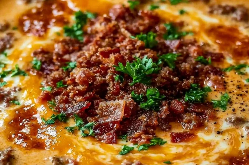 Bowl of easy carnivore diet bacon cheeseburger soup topped with cheese and bacon