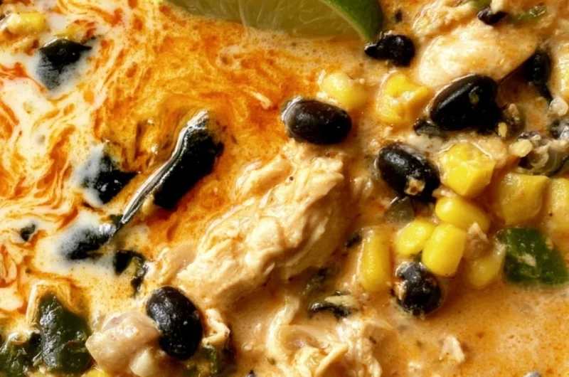 Delicious easy chicken soup with poblano and black beans served in a bowl