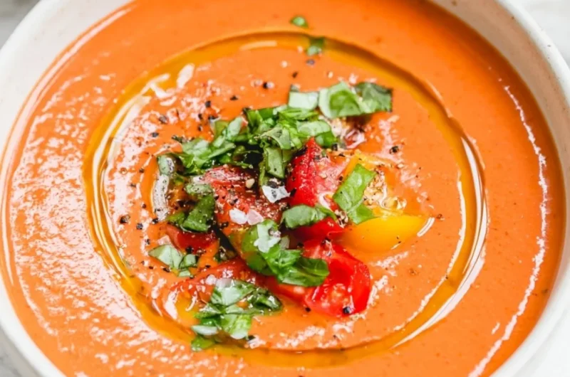 Bowl of vibrant vegan gazpacho garnished with fresh herbs and vegetables