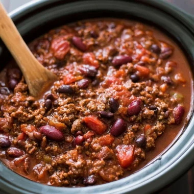 Bowl of easy slow cooker chili with beans and vegetables