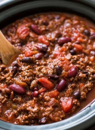 Bowl of easy slow cooker chili with beans and vegetables